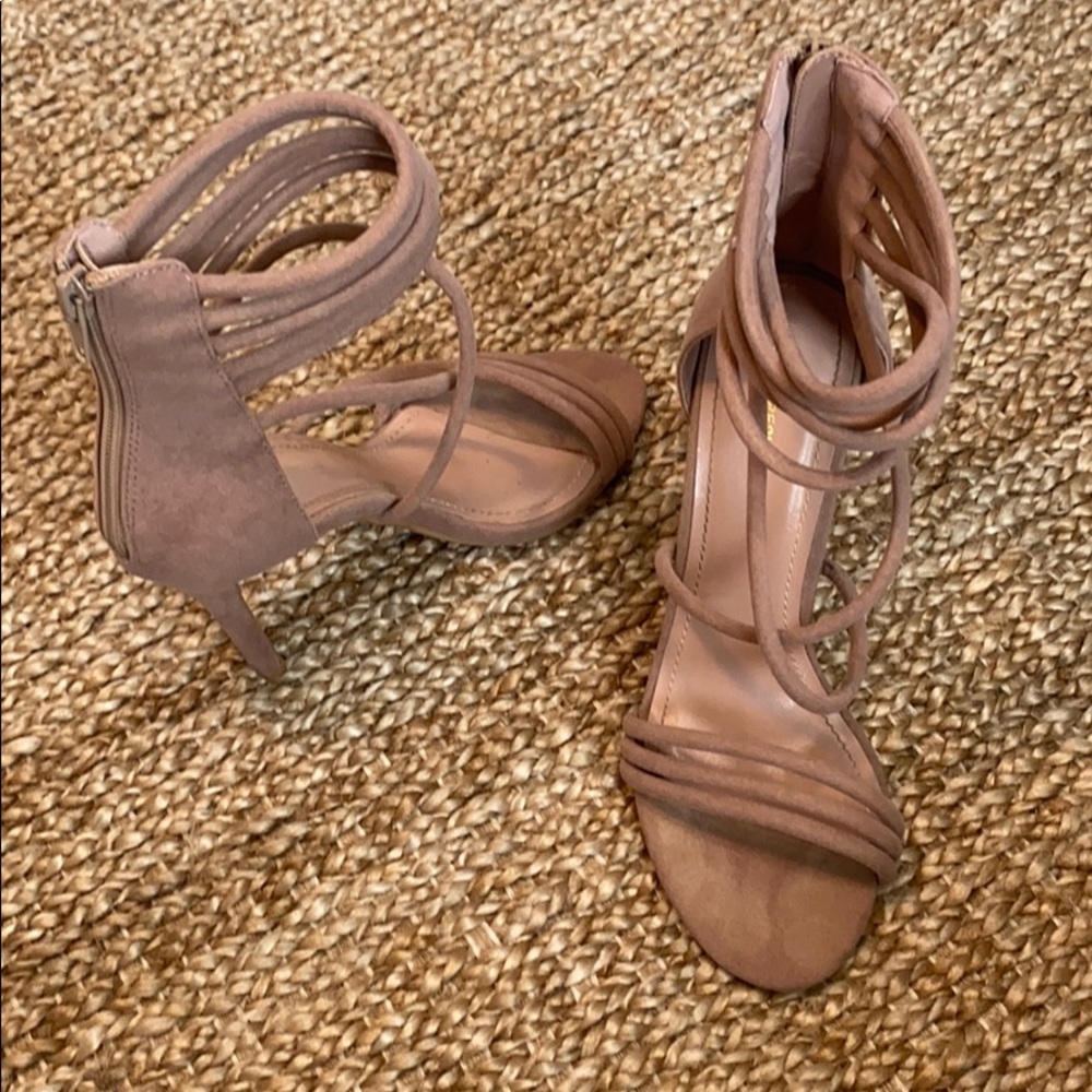 Beige strappy heels with zip back